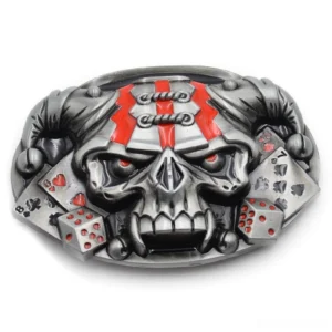 Skull poker gothic belt buckle front view silver metal with red enamel dice and playing card design