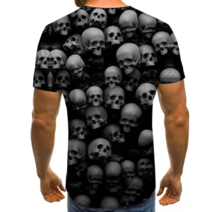 Skull Reaper 3D knit gothic t-shirt back view, all-over dimensional skull print, regular sleeve gothic streetwear on male model