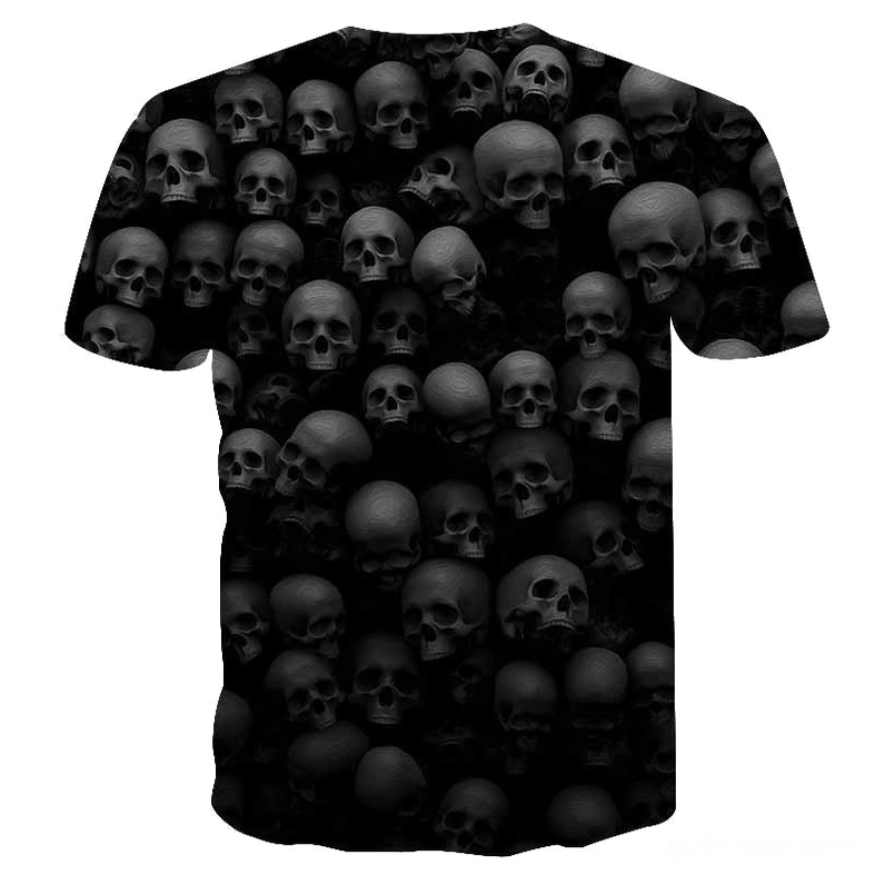 Skull Reaper 3D knit gothic t-shirt flat lay back, dimensional skull print on black knit cotton polyester blend