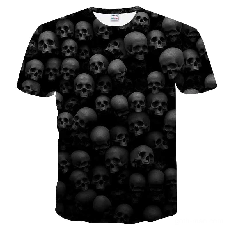 Skull Reaper 3D knit gothic t-shirt flat lay front, black knitted fabric with gray skull pattern, crew neck detail