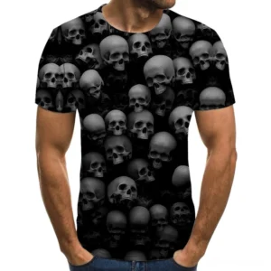 Skull Reaper 3D knit gothic t-shirt front view, black base with all-over gray skull pattern, crew neck short-sleeve design on male model