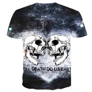 Skull Reaper Gothic 3D Print T-Shirt Back View - Full Design Display with Grunge Texture and Dimensional Skull Imagery