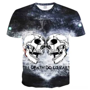 Skull Reaper Gothic 3D Print T-Shirt Front View - Memento Mori Dual Skulls with Till Death Do Us Part Slogan on Gray Tee