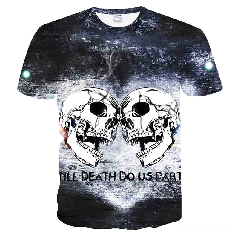 Skull Reaper Gothic 3D Print T-Shirt Front View - Memento Mori Dual Skulls with Till Death Do Us Part Slogan on Gray Tee
