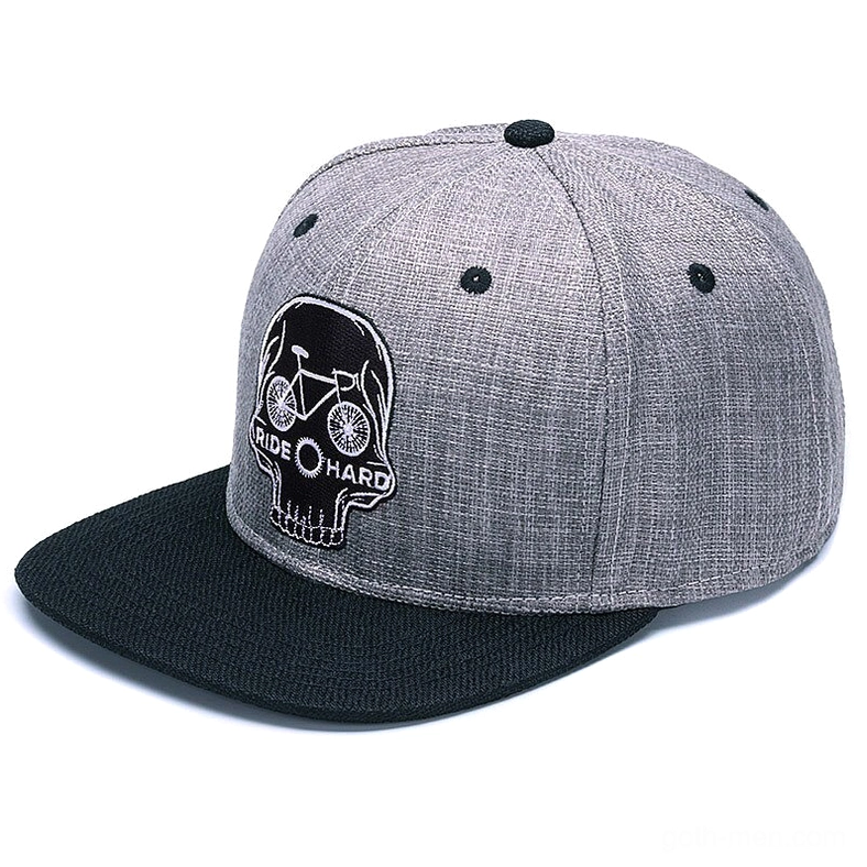 Skull ride hard snapback cap right side profile view, showing the contoured shape of the flat brim gothic baseball cap with adjustable strap