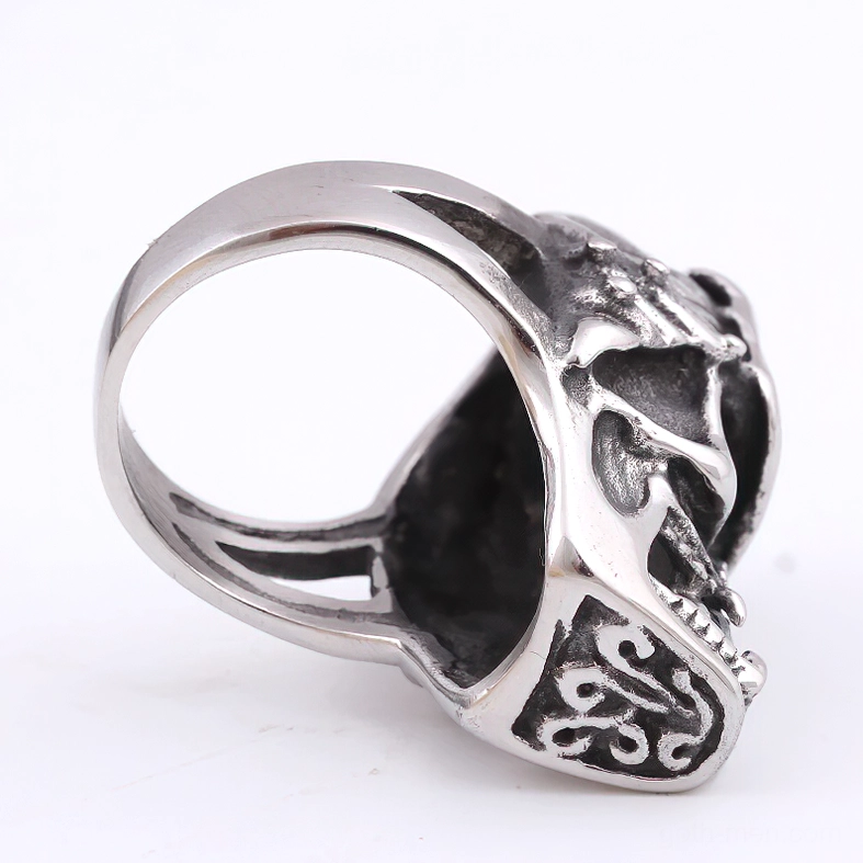 Skull crystal ring bottom view showing carved floral pattern on silver stainless steel base
