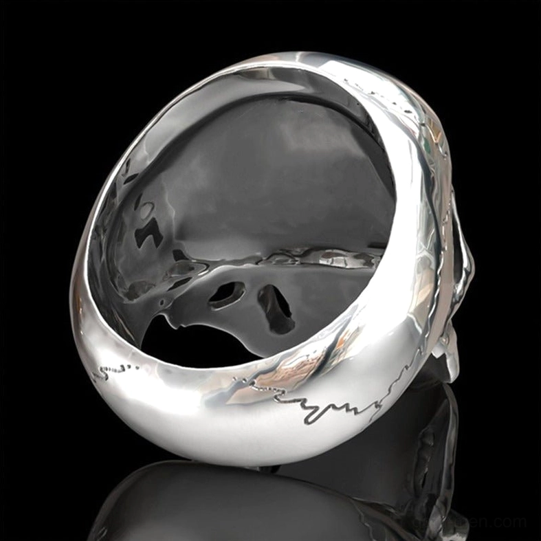 Inner band view of gothic skull ring showing smooth metal construction and hallowed skull interior design