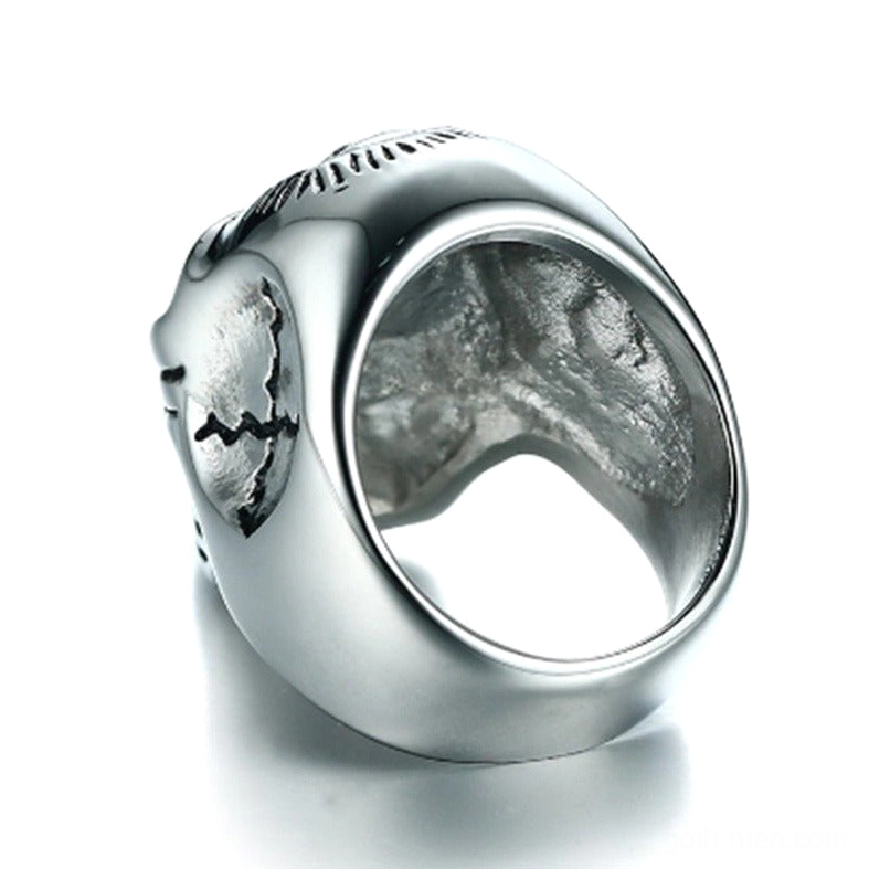 Inner band view of zinc alloy skull ring displaying smooth metal construction and comfortable fit design