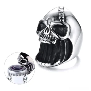Skull ring multi-angle display showing front side views and integrated bottle opener mechanism close-up