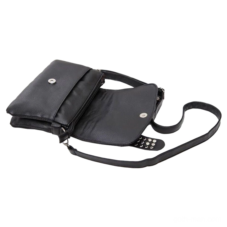 Open black gothic shoulder bag top-down side view showing magnetic snap closure interior pockets and adjustable leather strap hardware
