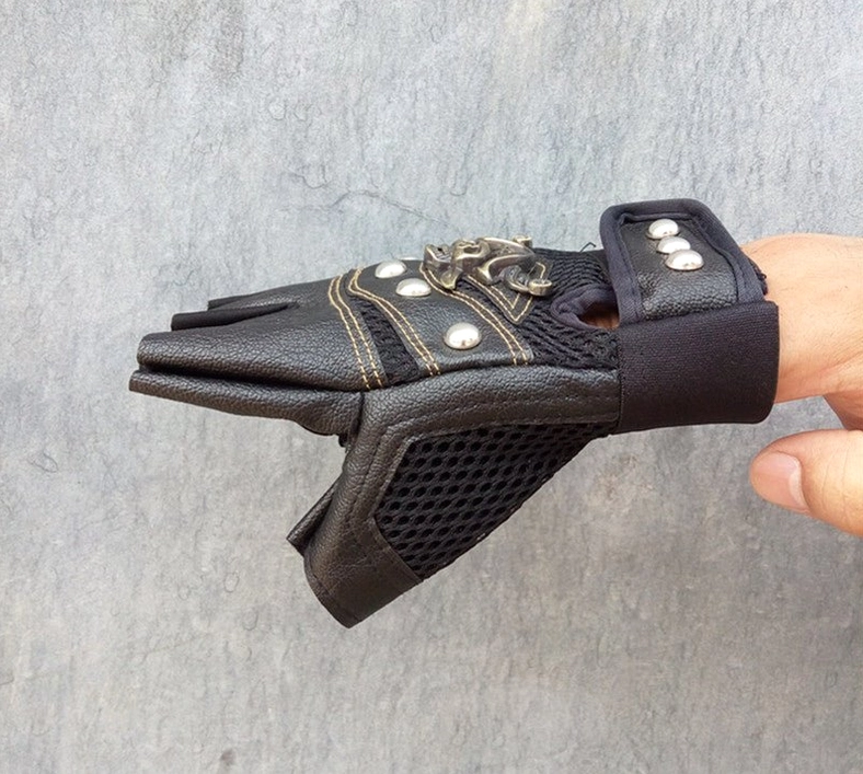 Black and red skull rivet fingerless gloves comparison showing color options and industrial punk rock aesthetic
