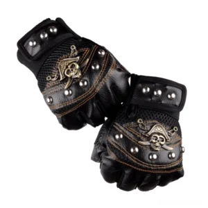 Skull rivet fingerless gloves featuring bronze pirate skull emblem and precision metal stud detailing on white background