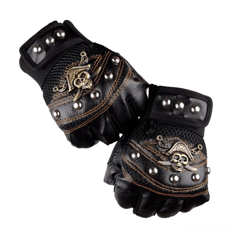 Skull rivet fingerless gloves featuring bronze pirate skull emblem and precision metal stud detailing on white background