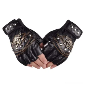 Black skull rivet half-finger gothic leather gloves displayed on hands, front overhead view showing embossed skull emblem and metal studs