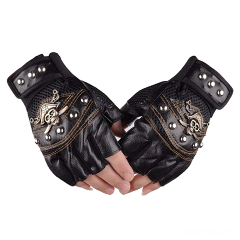 Black skull rivet half-finger gothic leather gloves displayed on hands, front overhead view showing embossed skull emblem and metal studs