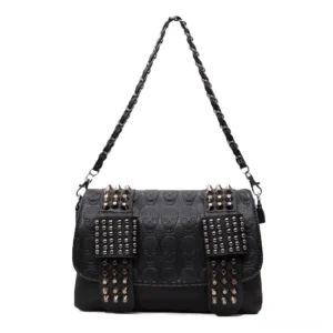 Black gothic skull rivet shoulder bag hanging front view with metal rivet detailing and adjustable chain strap on white background