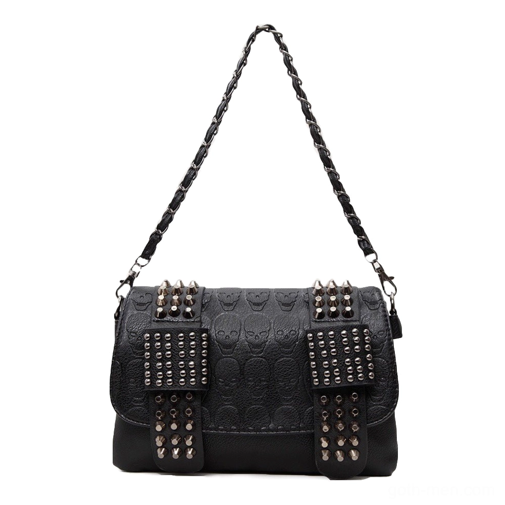 Black gothic skull rivet shoulder bag hanging front view with metal rivet detailing and adjustable chain strap on white background