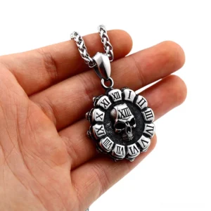 Skull roman numeral gothic pendant necklace held in hand, close-up first-person view showing vintage silver stainless steel construction and twisted curb chain