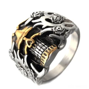 Skull rose ring top side view showing hollow carved gothic structure, vintage metal texture with detailed rose petals and defined skull jaw