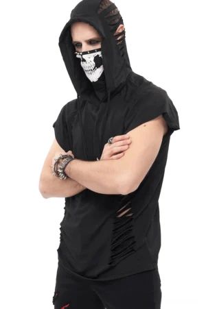 Men's black skull turtleneck gothic hoodie with ripped side details, front three-quarter view on model