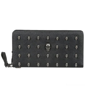 Zip-around gothic skull wallet front flat lay - detailed view of silver skull stud pattern and zipper closure
