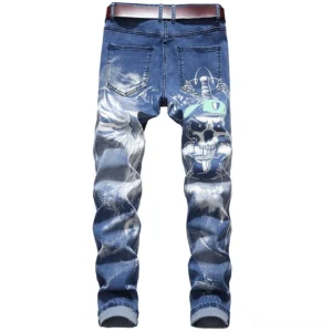 3D skull wing printed gothic blue denim jeans for men rear view with brown leather belt