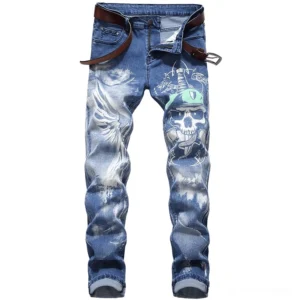 3D skull wing printed gothic blue denim jeans for men front view with brown leather belt