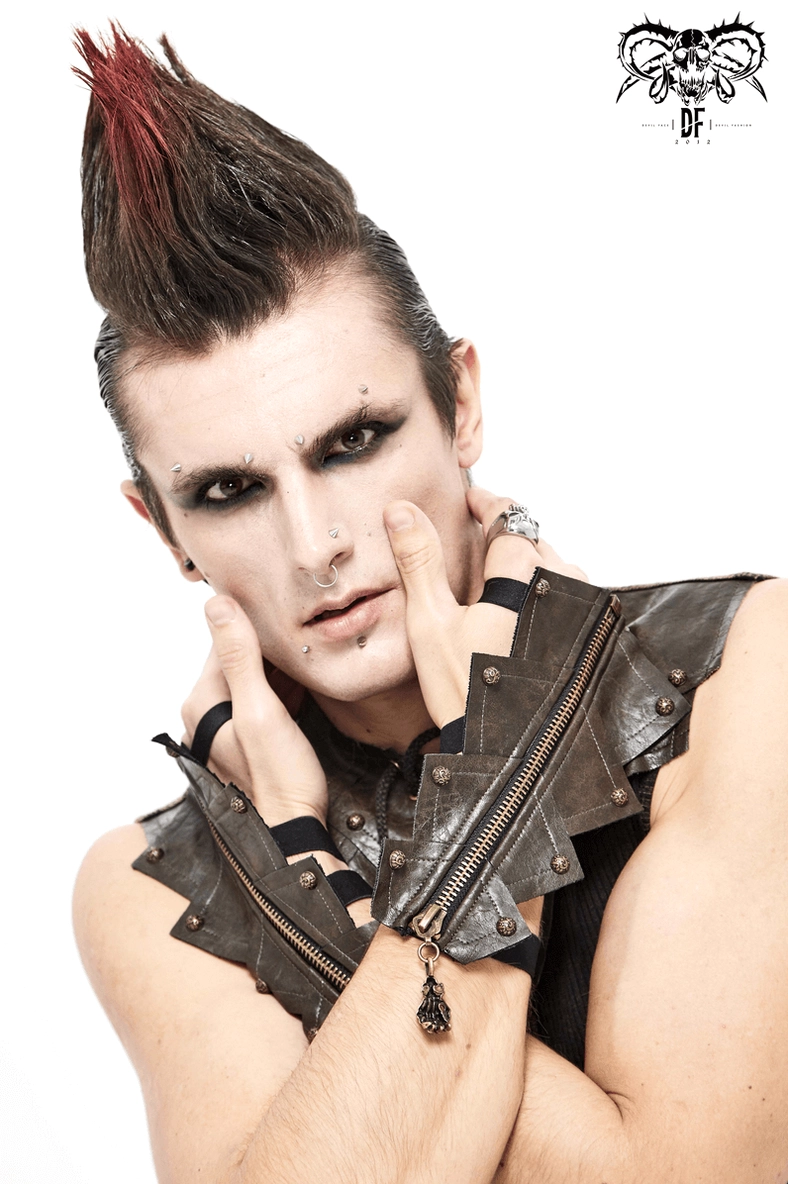 Detailed product photography of skull-zipper brown fingerless gloves for men, gothic punk accessory