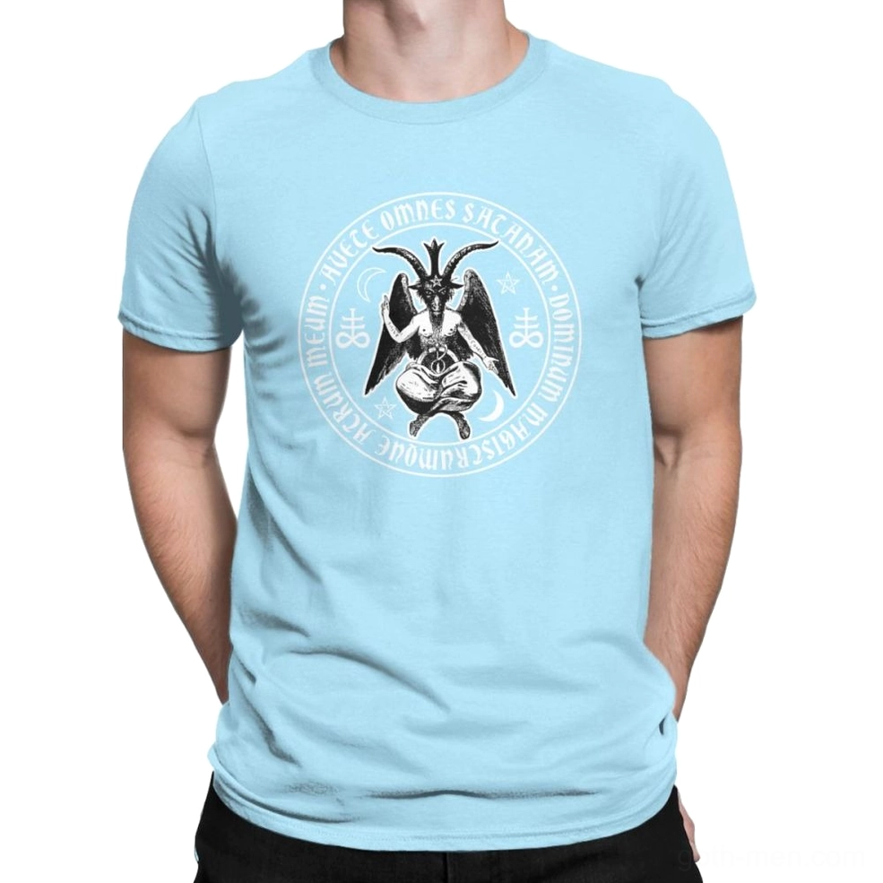 Men's sky blue satanic cross Baphomet gothic t-shirt with circular print, full front studio display