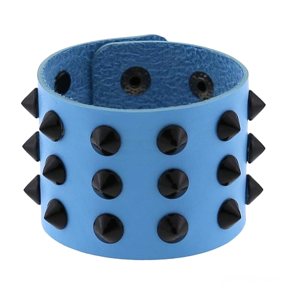 Sky blue vegan leather wide spike wrap bracelet front display with black spike details