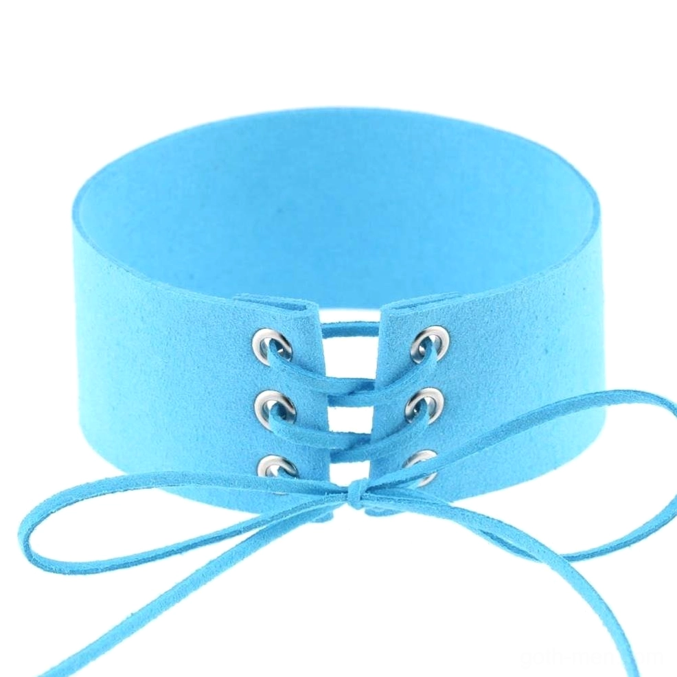 Sky blue suede velvet lace-up choker with tied bow closure detail