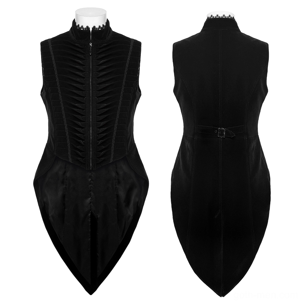 Sleeveless black velvet gothic waistcoat front and rear display with zip closure and pleated details