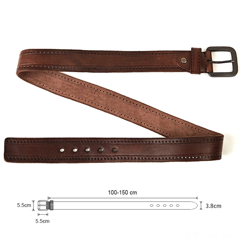 Slim brown genuine cowskin leather belt, flat lay perspective displaying full belt length with size specifications and industrial buckle