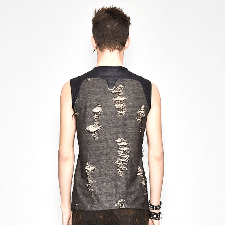 Slim fit distressed tank top rear view on model showing black shoulder yoke and frayed ripped fabric styling