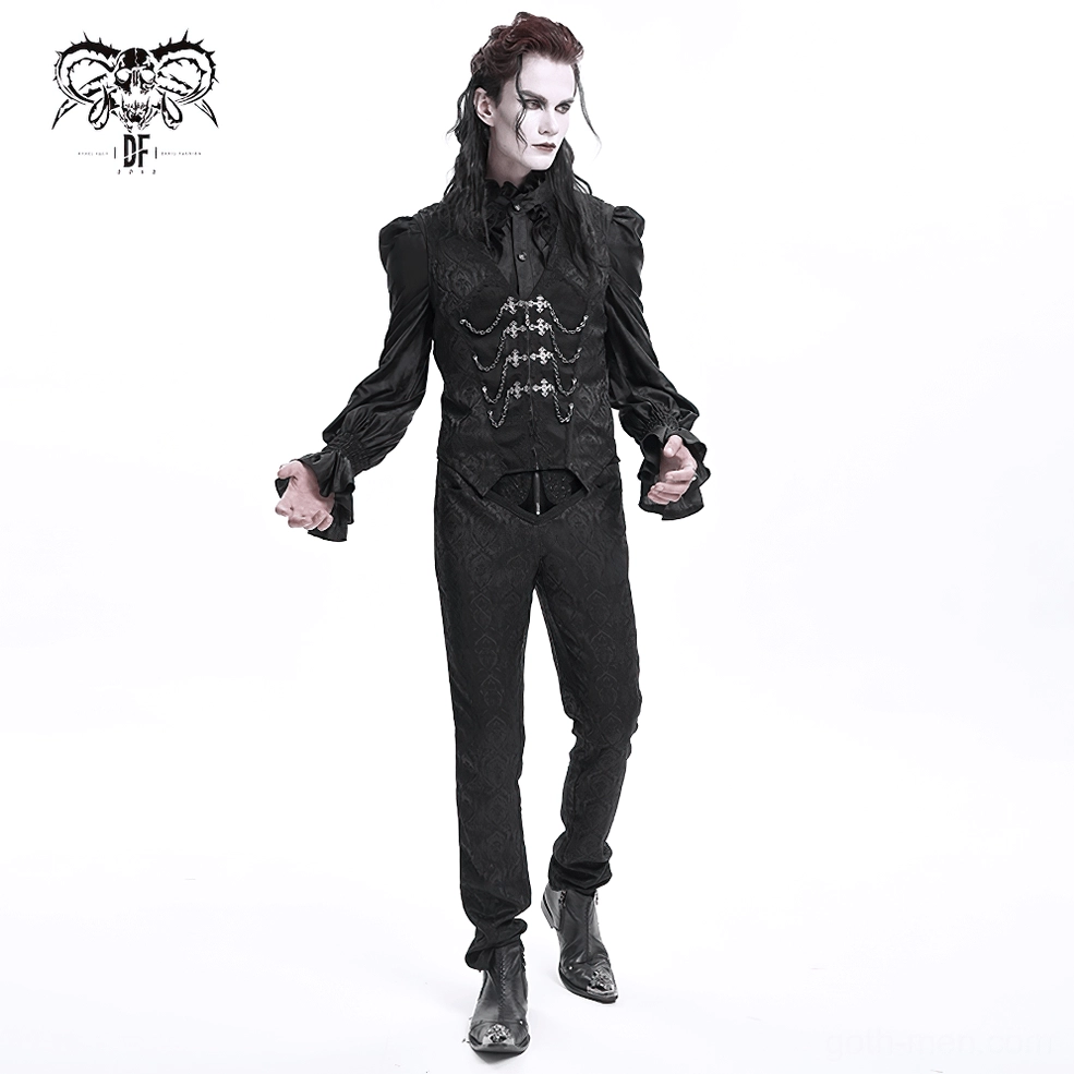 Black slim-fit embossed pants side angle view, showcasing high-waist fit, damask texture detail, and refined leg taper on male model