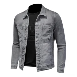 Men's slim fit grey denim jacket with dual chest pockets and turndown collar - front mannequin view