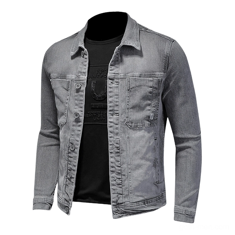 Men's slim fit grey denim jacket with dual chest pockets and turndown collar - front mannequin view