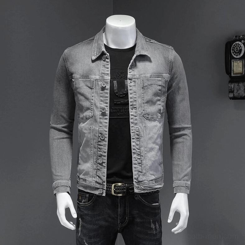 Half-body mannequin wearing slim fit grey denim jacket with turndown collar - studio photography