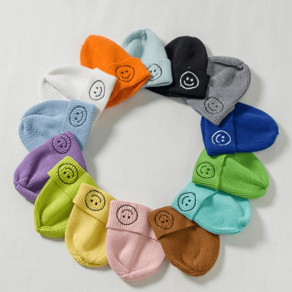 Embroidered smiley face beanie collection multiple colors, gothic winter fashion