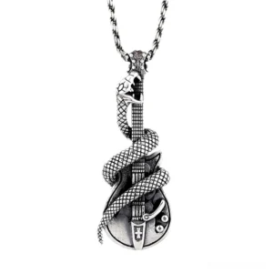 Sterling silver snake guitar gothic pendant necklace front view on white background