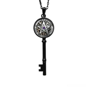 Key of Solomon pentagram gothic pendant necklace in black metal finish with purple central gemstone - front view