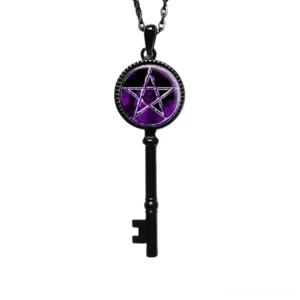 Black metal Solomon pentagram skeleton key pendant with purple glass charm, flat lay front view on white background showing geometric occult design