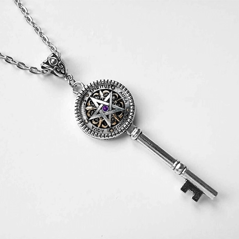 Oblique angle view of silver Key of Solomon pentagram charm with carved decorative bail and vintage sigil design