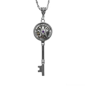 Silver finish Key of Solomon pentagram occult pendant with ornate chain bail and purple stone - frontal display