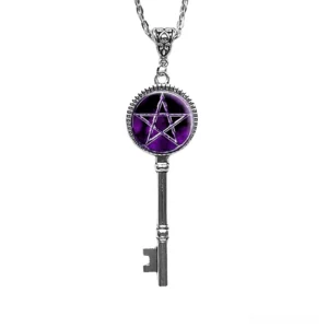 Vintage silver Solomon key necklace with carved pentagram bail detail, flat lay front view showcasing antique-inspired occult pendant craftsmanship