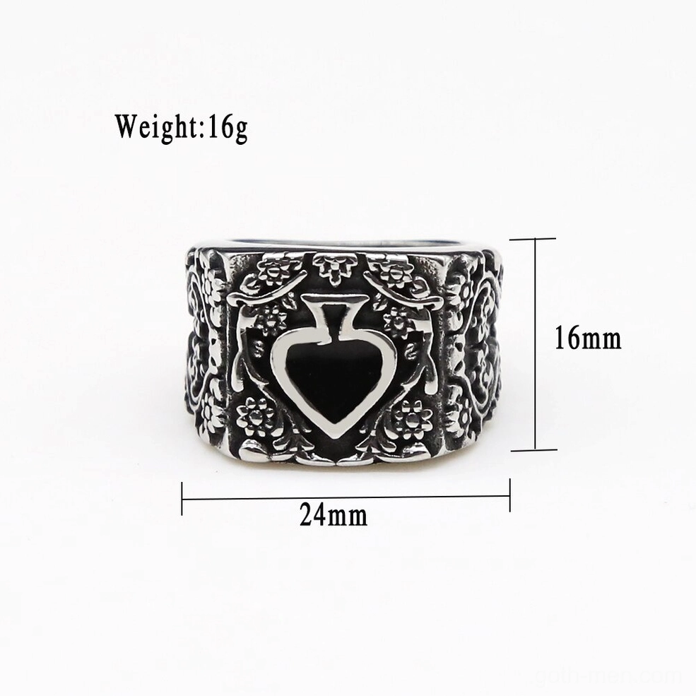 Gothic spade men's ring specifications flat lay showing 16g weight, 24mm width, 16mm height, floral spade pattern on white background