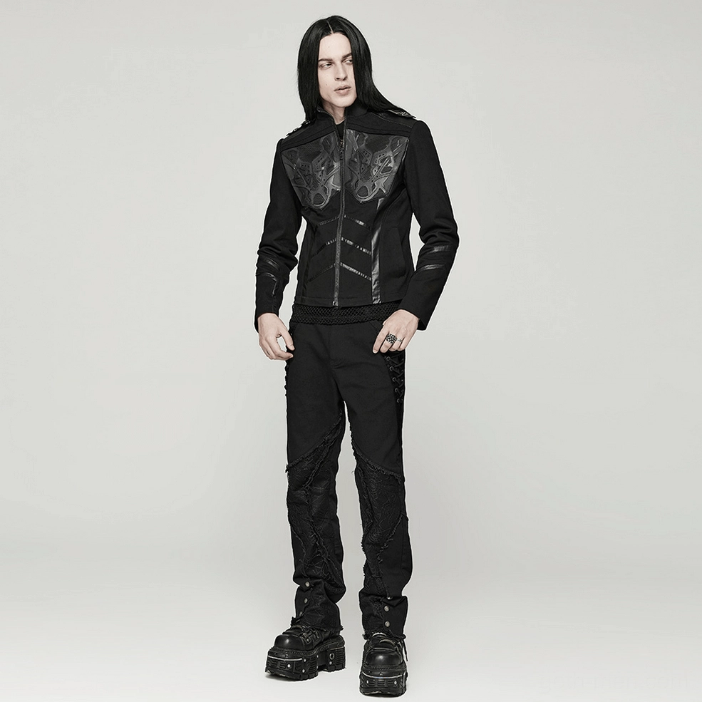 Detailed flat lay view emphasizing the mesh paneling, eyelets, and leather trim on gothic punk pants