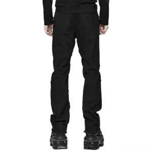 Black spider web mesh pants with eyelet lacing displayed in flat lay front view showing intricate panel design