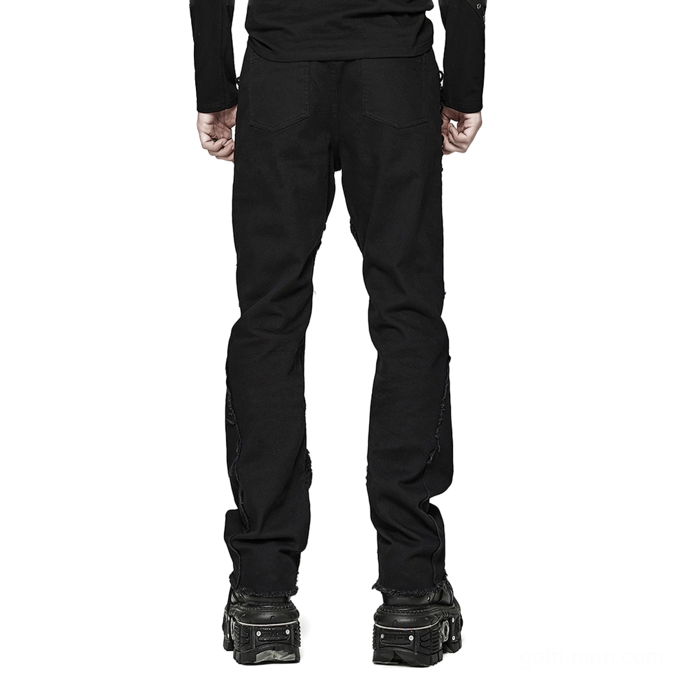 Black spider web mesh pants with eyelet lacing displayed in flat lay front view showing intricate panel design