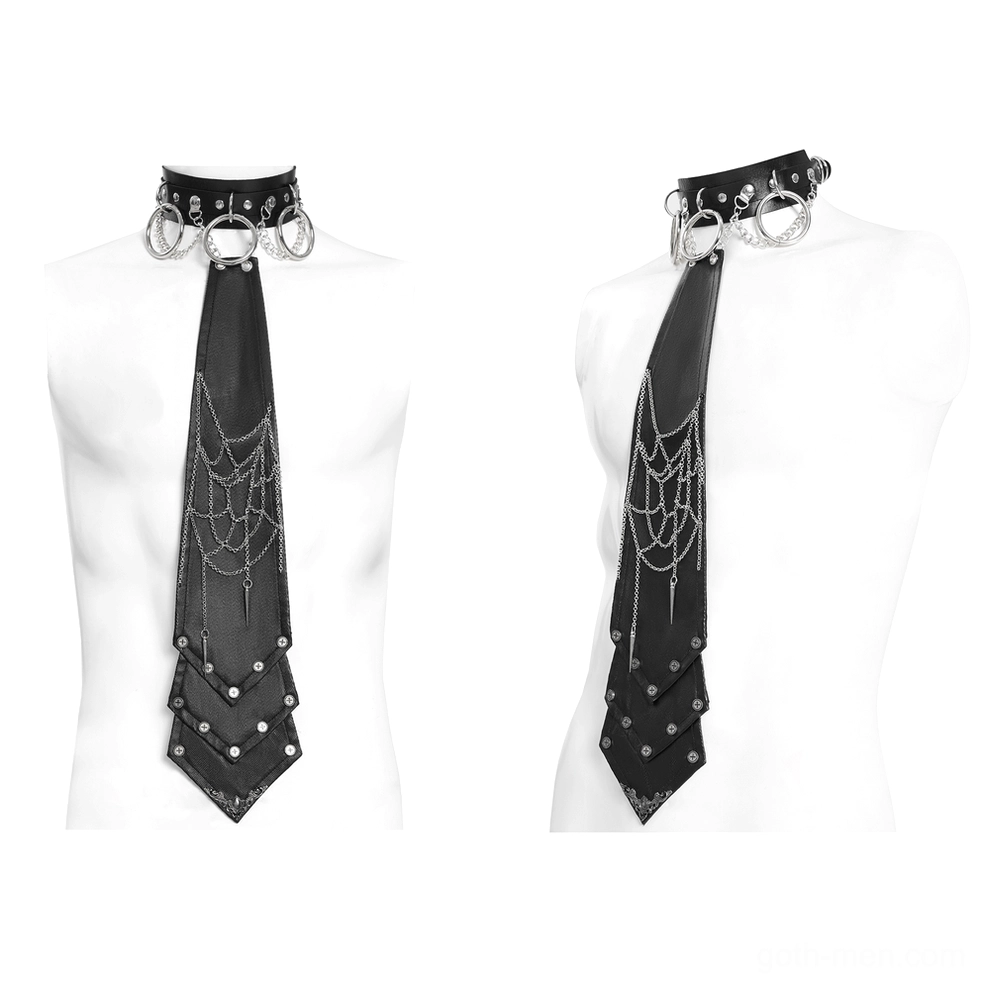 Black leather spider web chain necktie displayed on two mannequins showing front design with silver web chains and studded hem